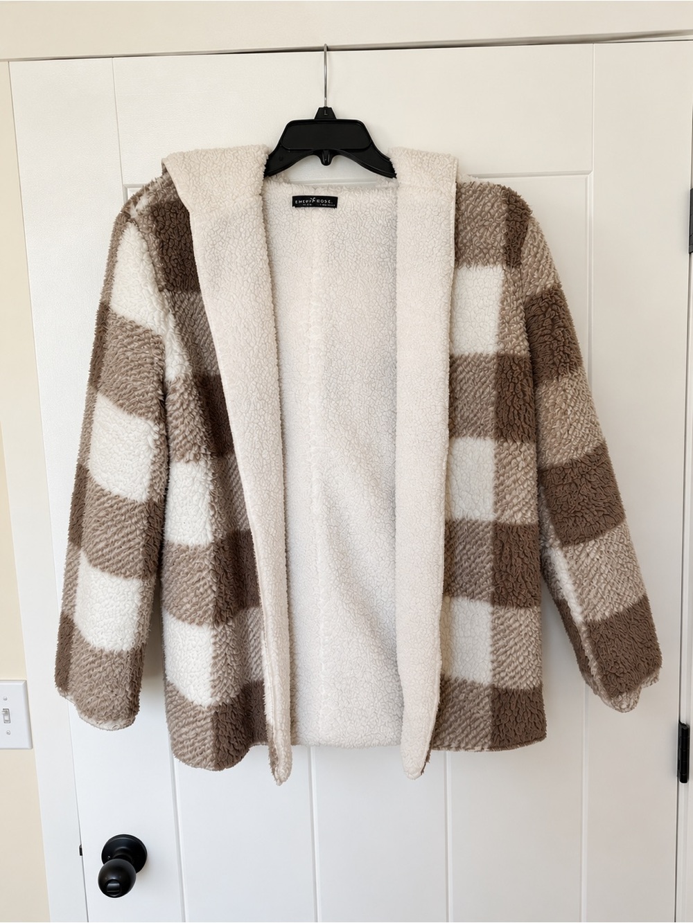 Emery Rose Brown & Cream Plaid Sherpa Hooded Jacket – Cozy Teddy Coat